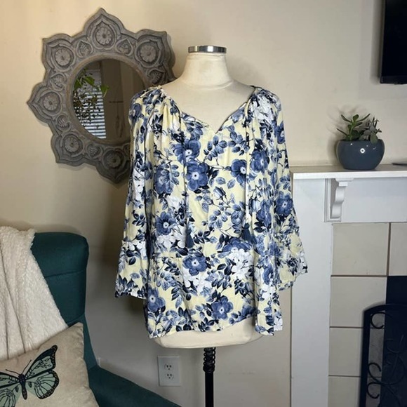 J. Jill Tops - J. Jill floral tassel ties top blouse yellow blue S